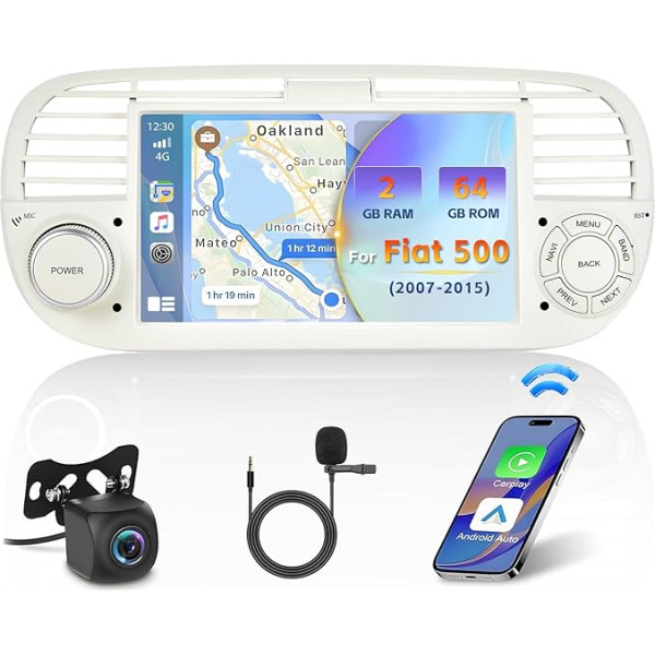 Inefala 2G + 64G 7 collu autoradio Android 13 ar bezvadu CarPlay, Android auto priekš Fiat 500 2007-2015, radio ar navigāciju GPS, WiFi, FM radio, RDS, BT, USB + MIC + aizmugures skata kamera