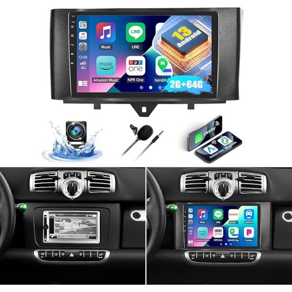 [2+64G] SIXWIN Android 13 auto radio Mercedes-Benz Smart Fortwo 2011-2015 radio, 9 collu kapacitīvais skārienjūtīgais skārienjūtīgais ekrāns ar WiFi GPS Bluetooth FM/RDS USB Mirrorlink + Canbus + atpakaļgaitas kamera