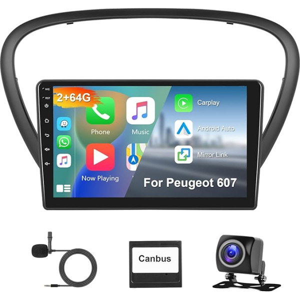 Hodozzy 2G + 64G Android auto radio Peugeot 607 2004-2010 Bezvadu Carplay Android automašīnai, 9 collu skārienjūtīgais ekrāns ar GPS navigāciju WiFi Bluetooth Mirrorlink HiFi FM RDS Canbus ar atpakaļgaitu