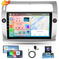 Podofo Auto radio Citroën C4 2004-2009/C-Quatre 2008-2011 ar Wireless Carplay Android Car, 9 collu IPS skārienjūtīgais ekrāns, 8 kodolu 2+64G, Bluetooth/WiFi/Mirror Link/GPS/DSP + atpakaļgaitas kamera