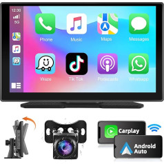 Podofo Bezvadu Apple Carplay Android auto radio 9 collu HD skārienjūtīgais ekrāns Auto Stereo radio ar Bluetooth, FM pārraidi, balss vadību, spoguļa saiti + AHD atpakaļgaitas kamera