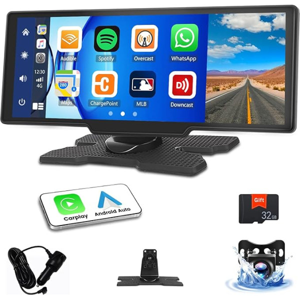 10,26 collu pārnēsājams Bluetooth auto stereo ar Carplay/Android Automašīnas atpakaļgaitas monitora komplekts Transportlīdzekļa aizmugures kameras komplekts Atbalsta Bluetooth / balss kontroli DC 7V-32V