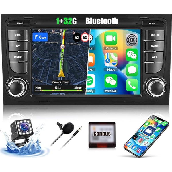 CAMECHO 7 collu Android 13 atbalsta DAB+ navigācijas autoradio Audi A3 S3 RS3, 2Din [1+32GB] HD Touchscreen Bluetooth radio ar GPS WiFi FM/RDS Mirror Link EQ Sound + atpakaļgaitas kamera Canbus MIC