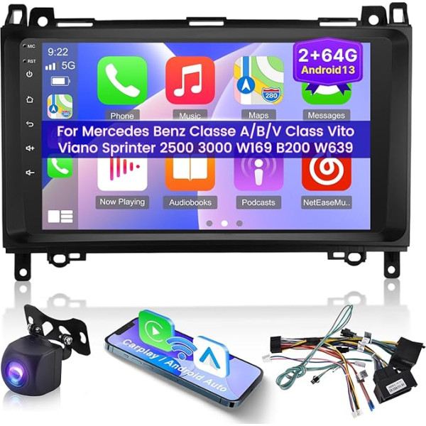 [2+64G] Android 13 Auto Stereo priekš Mercedes Benz Sprinter W906 W245 W169 W639 B200 Viano Vito 2006-2011 ar Wireless Carplay & Android Car - 9 collu skārienjūtīgais ekrāns, auto radio ar DSP SWC + aizmugures skata kamera