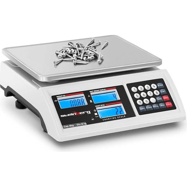 Steinberg Systems SBS-ZW-601 Skaitīšanas svari 6 kg / 0,1 g Akumulators 80 h 3 LCD displeji RS232 saskarne Inventāra svari References svari Gabalu skaitīšanas svari