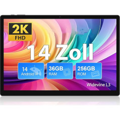 FASTWD planšetdators 14 collu Android 14 Tablet 36GB RAM + 256GB ROM (1TB TF), 11580mAh, Android planšetdators 5G WiFi (SIM karte netiek atbalstīta)/Octa-Core, Widevide L3, 2000 x 1200HD, GPS, GMS, BT 5.0, melns