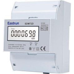 EASTRON SDM72D-MID Elektroenerģijas patēriņa mērītājs - 100A trīsfāžu mērītājs - Elektrības mērītājs 3 fāzes - 100A kWh no elektrotīkla, DIN sliedes - Ampermetrs ar apgaismotu LCD ekrānu - MID sertificēts/kalibrēts