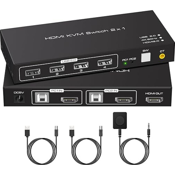 KVM slēdzis HDMI 2 portiem 4K 60Hz USB 2.0 2 datoriem 1 monitoram Koplietojiet tastatūru Pele Printeris KVM USB slēdzis Atbalsta vadu Darbvirsmas kontrolieris Komplektā ietilpst 2 USB 2.0 kabeļi