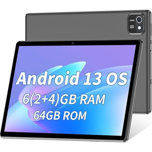 COLORROOM planšetdators 10 collu Android 13 planšetdators, 2GB RAM + 64GB ROM + 512GB paplašināšana, Quad Core procesors, 1280 x 800 IPS HD ekrāns, 6000mAh, Dual Camera, GPS, WiFi, Bluetooth (pelēks)