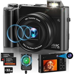 4K digitālā fotokamera, 64MP automātiskā fokusēšanas videokamera ar 32G karti, 2,8 collu IPS ekrāna kamera, 16X digitālā tālummaiņa, kompaktā kamera ar lādētāju un 2 baterijām pusaudžiem, iesācējiem, pieaugušajiem