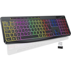 TECURS bezvadu spēļu tastatūra - klusā tastatūra QWERTZ Illuminated Ergonomic Waterproof 2,4 GHz LED tastatūra Windows / Mac / PS4 / Xbox ar multimediju taustiņiem melna