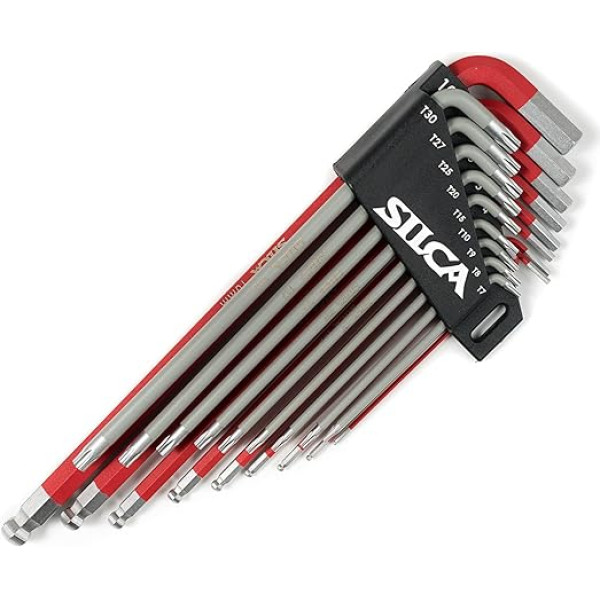 SILCA HX-Two Heavy Duty Essential Metric Hex un Torx komplekts | Torx 7 - T30 - Hex 1,5 - H10 | Pulverkrāsains sarkans un pelēks tekstūras neslīdošs rokturis