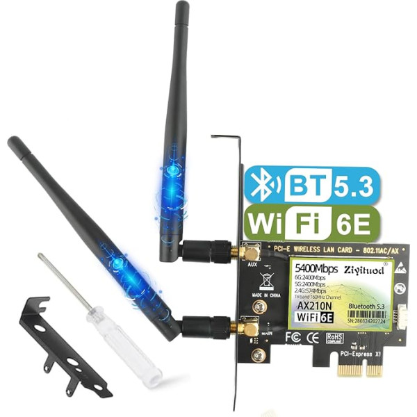 WLAN karte, WiFi 6E AX210 AX210 PCIe WiFi karte ar Bluetooth 5.3 PC Gaming, AX5400 Tri Band 6G/5G/2.4G bezvadu tīkla karte ar īpaši zemu kavēšanos MU-MIMO un OFDMA atbalsts Windows 11/10 64-bit