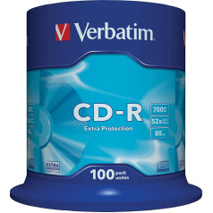 Verbatim CD-R Extra Protection, kompaktdiski ar 700 MB datu ietilpību, ideāli piemēroti foto- un videoierakstiem, saderīgi ar visiem tradicionālajiem CD-ierakstiem, 100 gab. iepakojumā, 100 gab. iesaiņojumā