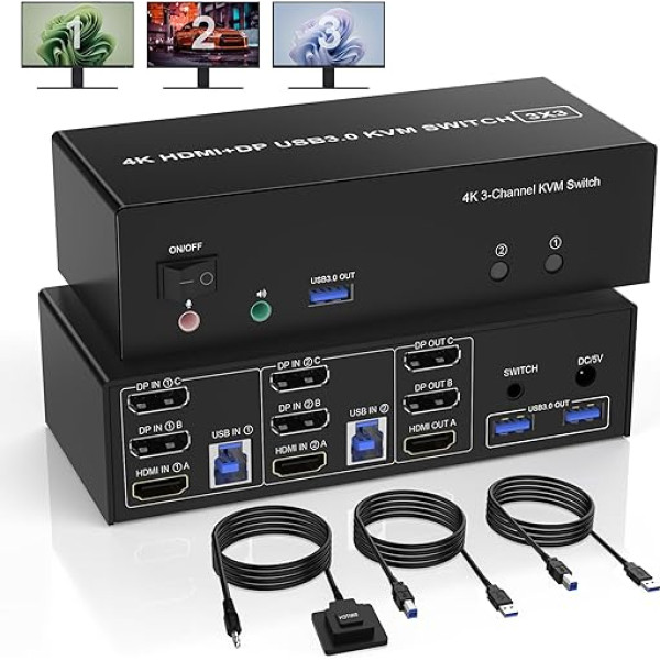 USB 3.0 HDMI + 2 DisplayPort KVM slēdzis 3 monitoriem 2 datoriem, 4K @ 60Hz, trīs monitoru KVM slēdzis 2PC 3 monitoriem ar 3 USB 3.0 pieslēgvietām un audio mikrofonu, tastatūras un peles slēdzis