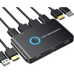 KVM slēdzis, ABLEWE USB slēdzis HDMI 2 pieslēgvietu kārba, USB un HDMI slēdzis 2 datoriem, tastatūrai, pelei, printerim un vienam HD monitoram, atbalsta UHD 4K@60Hz, ar 2 USB kabeļiem un 2 HDMI kabeļiem