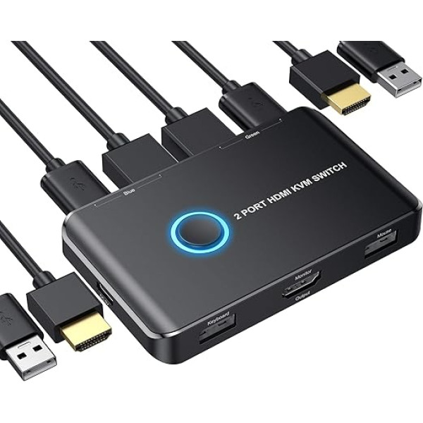 KVM slēdzis, ABLEWE USB slēdzis HDMI 2 pieslēgvietu kārba, USB un HDMI slēdzis 2 datoriem, tastatūrai, pelei, printerim un vienam HD monitoram, atbalsta UHD 4K@60Hz, ar 2 USB kabeļiem un 2 HDMI kabeļiem