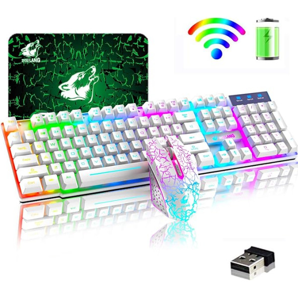 Rainbow Backlit bezvadu tastatūra 2.4G uzlādējama mehāniskā sajūta 104 taustiņi spēļu tastatūra + 2400DPI 6 taustiņi optiskā Rainbow LED spēļu pele + peles paliktņi