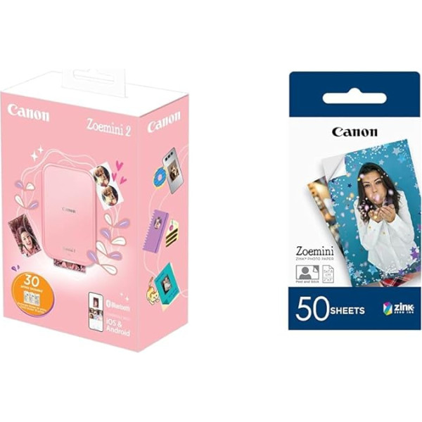 Canon Zoemini 2 Mini foto printeris, portatīvais, portatīvais, ceļojumu, kabatas drukāšanas komplekts un ZP-2030 oriģinālais cinka fotopapīrs 50 lapas Zoemini Instant Camera / Photo Printeris