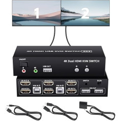 Bolaazul 2 portu HDMI USB KVM pārslēdzējs 4K @ 60Hz, divu portu USB 2.0 HDMI 2.0 KVM pārslēdzējs 2x2, tastatūras peles perifērijas pārslēdzējs KVM HDMI USB 2 in 2 Out 2 datoriem 2 monitoriem