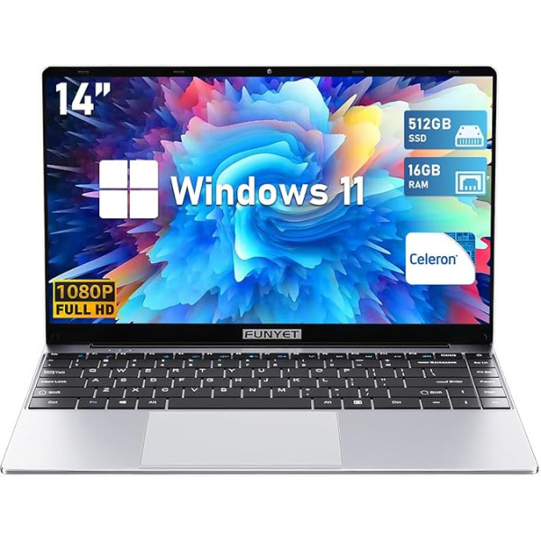 FUNYET klēpjdatori 14 collu piezīmjdators N5095 Win 11 dators 16GB RAM 512GB SSD Atbalsta SD karti Paplašināta TF karte Bezvadu Bluetooth rotācija 180°