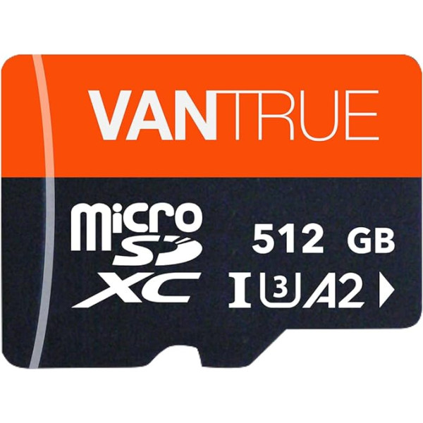 VANTRUE 512GB microSD atmiņas karte UHS-I U3 4K ar adapteri, kas saderīga ar Dash Cam, viedtālruni, planšetdatoru, rīcības kameru un novērošanas kameru (512G)