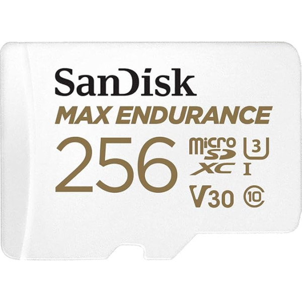 SanDisk MAX ENDURANCE microSDXC atmiņas karte ar adapteri 256 GB (autokamerām un mājas novērošanas sistēmām, 100 MB/s pārraide, V30, 10. klase, U3)