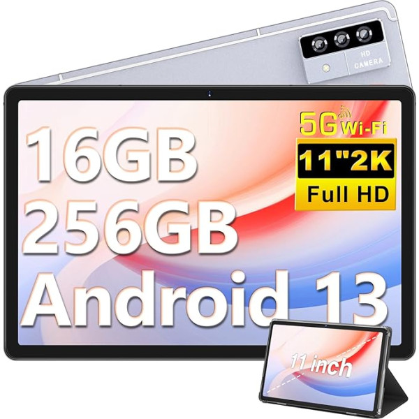 Oangcc 2024 planšetdators 11 collu 2K displejs Android 13 OS 16GB RAM + 256GB ROM (TF 1TB), 8600mAh, 5G WiFi, GMS sertifikāts, 4 skaļruņi, 8 kodolu 2,0 GHz, 5+13MP | BT 5.0 | Aizsargvāciņš ar planšetdatoru - pelēks