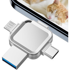 4-in-1 USB zibatmiņas karte iPhone 64 GB, Yueflue iPhone atmiņas karte USB zibatmiņas karte iPhone, i Pad, OTG Android mobilajam tālrunim, datoram ar iOS, USB 3.0, C tipa, Micro USB saskarnes (sudraba krāsā)