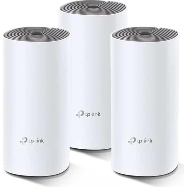 TP-Link Deco E4 Mesh WLAN komplekts (3 iepakojumi), AC1200 divjoslu maršrutētājs un retranslators (diapazons līdz 370 m², ideāli piemērots lielām mājām ar vairākām ierīcēm, 6 x 100 Mbit/s porti), balts