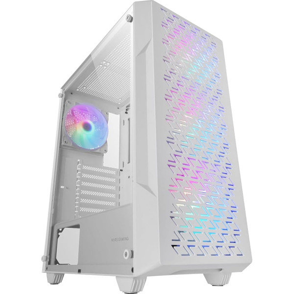 MARSGAMING MC-GEO, spēļu ATX korpuss, 4 x FRGB Rainbow 12 cm ventilatori, ģeometriskā sieta priekšējais panelis, rūdīta stikla logs, PC Midi Tower divkameru konstrukcija, ūdens dzesēšanas atbalsts, balts