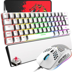 T60 Mini 60% mehāniskās tastatūras peles komplekts, C tipa vadu spēļu tastatūra + 6400 DPI RGB pele + plaukstas balsts + peles paliktnis, 19 apgaismotas, kompakts, 62 taustiņi, UK izkārtojums datoram, klēpjdatoram, balts/arkans slēdzis