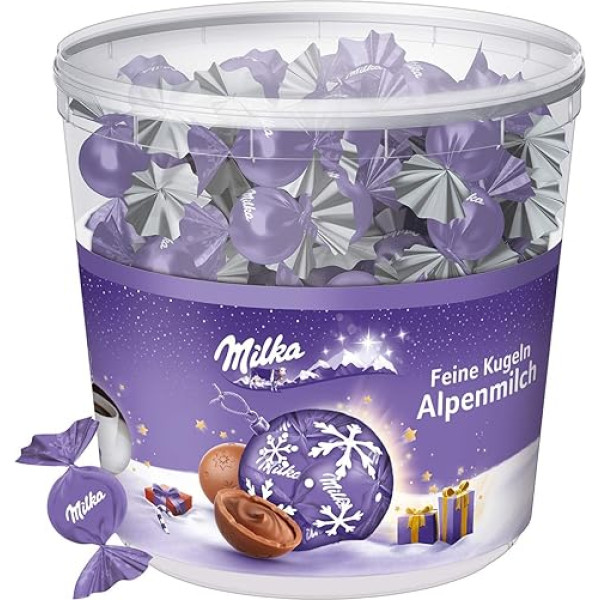 Milka Fine Balls Alpine Milk 1 x 900 g I Ziemassvētku šokolādes 100 gab. iepakojums I Adventes kalendāra šokolāde I Saldumi Ziemassvētkiem Izgatavots no 100% Alpu piena šokolādes