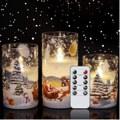 Eldnacele mirgojošas nedegošas stikla Ziemassvētku vecīša sveces ar tālvadības pults taimeri ar bateriju darbināmas LED pīlāru sveces 3 Pack Santa Sleigh Pattern Real Wax Candles Ziemassvētkiem