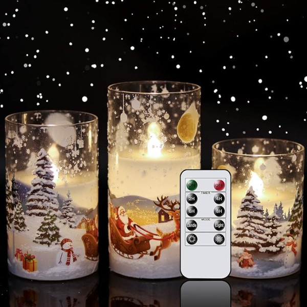 Eldnacele mirgojošas nedegošas stikla Ziemassvētku vecīša sveces ar tālvadības pults taimeri ar bateriju darbināmas LED pīlāru sveces 3 Pack Santa Sleigh Pattern Real Wax Candles Ziemassvētkiem