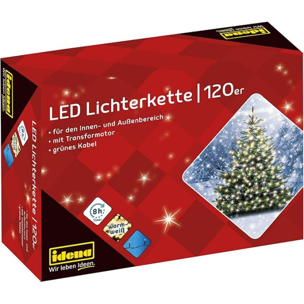 Idena 8325066 LED pasaku gaisma ar 200 gaismas diodēm siltā baltā krāsā un 8 stundu taimera funkciju lietošanai iekštelpās un ārpus telpām, Ziemassvētkiem, dekorēšanai, kāzām, noskaņas gaismai, aptuveni 27,9 m.