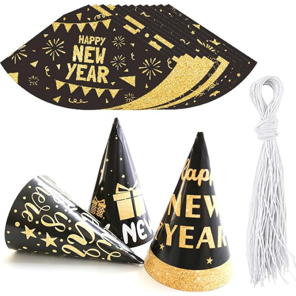 Pejlnd Jaungada vakara cepures - 12 gabali Jaungada vakara rotājumi 2025 Black Gold Cone Hat Happy New Year Party Hats Jaungada foto rekvizīti Galvas tērpi 2025 Jaungada vakars Party Favor Accessories