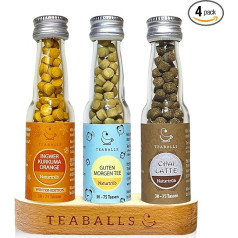 TEABALLS® Feel Good tējas komplekts ar ingveru, kurkumu, apelsīnu, Chai Latte, Labu rītu + koka statīvs Dāvanu komplekts Izgatavo aptuveni 90-225 tasītes organiskās tējas bez cukura zāļu tējas