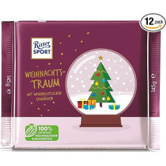 Ritter Sport Ziemassvētku sapnis, 12 x 145 g, ziemas šokolāde ar Ziemassvētku garšvielām, piena šokolāde ar kanēli un krustnagliņām, īpaši liela tāfelīte dāvanām