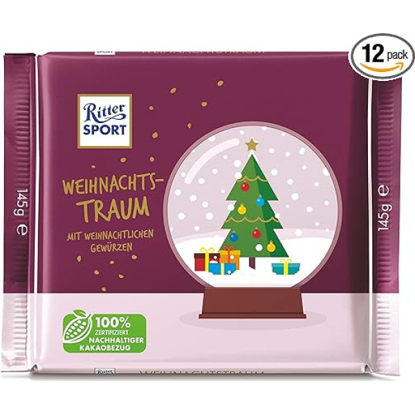 Ritter Sport Ziemassvētku sapnis, 12 x 145 g, ziemas šokolāde ar Ziemassvētku garšvielām, piena šokolāde ar kanēli un krustnagliņām, īpaši liela tāfelīte dāvanām