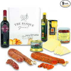 THE BASQUE Gourmet - dāvanu komplekts - svētku un Ziemassvētku dāvanu grozs ar vīnu, sieru, sparģeļiem, extra Virgin olīveļļu, pikiljo pipariem, Foie Godfather, Chorizo, desu - Deluxe dāvanu kaste