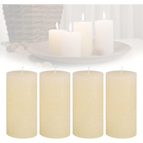 Candelo 4 sveču komplekts Ambiente Rustic Pillar Candle - krēmkrāsas krāsā - liela lauku svece 12 cm - ilgs degšanas laiks aptuveni 54 stundas Ziemassvētku sveces Adventes vainags