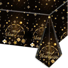 137 x 274 cm Happy New Year Tischdecke Kunststoff Tischdecke, Neujahr Einweg-Tischdecke Rechteck Schwarz Gold Happy New Year Eve Party Tischdecken für 2024 Silvester Party Supplies Tischdekorationen