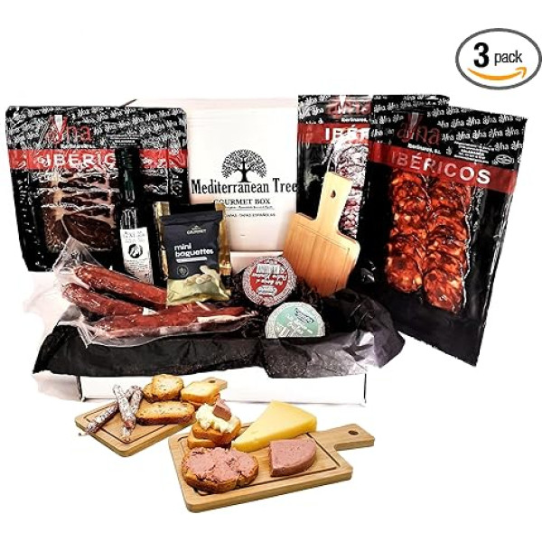 Spānijas gardēžu tapas grozu kaste - Ibērijas Chorizo un Ibērijas šķiņķis + Ibērijas trifeļu pīrāgi un saldais vīns + 3 gabaliņi Fuets + neapstrādāta olīveļļa + gardēžu maize + koka tapas dāvanas