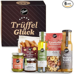 Gepp's Feinkost Truffle Luck dāvanu kaste, Finest Truffle dāvanu grozs ar vasaras trifeļu brusketu, trifeļu pesto, balto trifeļu eļļu, vienu Tartufo Nero, balto trifeļu mērci un makaronu trottole