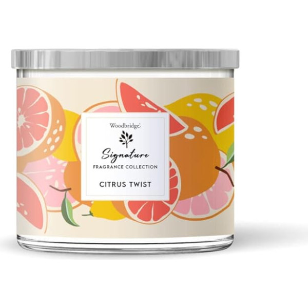 Woodbridge aromātiskā svece stiklā ar vāku | Citrus Twist | Citronu aromāts | Sveces ar 3 daktu | Elegantas aromātiskās sveces | Degšanas laiks līdz 40 stundām | Krāsainas sveces