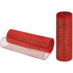 izejmateriālu karte Juta-Netzband, 25,4 cm x 9,2 m, PP, dekoratives Netzband, Geschenkband für Weihnachtskranz, Party, Dekoration, Basteln, Girlanden (Rot mit Goldfolie, 2 Stück)