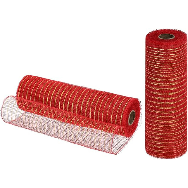 izejmateriālu karte Juta-Netzband, 25,4 cm x 9,2 m, PP, dekoratives Netzband, Geschenkband für Weihnachtskranz, Party, Dekoration, Basteln, Girlanden (Rot mit Goldfolie, 2 Stück)