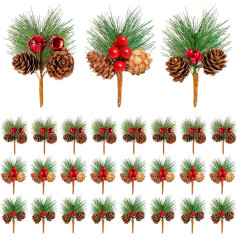 KYTech Christmas Pine Picks 24 gabali Mākslīgās priedes čiekuri Sarkanās ogas Ziemassvētku vainagu veidošanas piederumi Ziemassvētku puķes Ogu virtene Ziemassvētku rotājumi (3 dažādi)