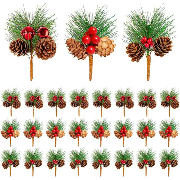 KYTech Christmas Pine Picks 24 gabali Mākslīgās priedes čiekuri Sarkanās ogas Ziemassvētku vainagu veidošanas piederumi Ziemassvētku puķes Ogu virtene Ziemassvētku rotājumi (3 dažādi)